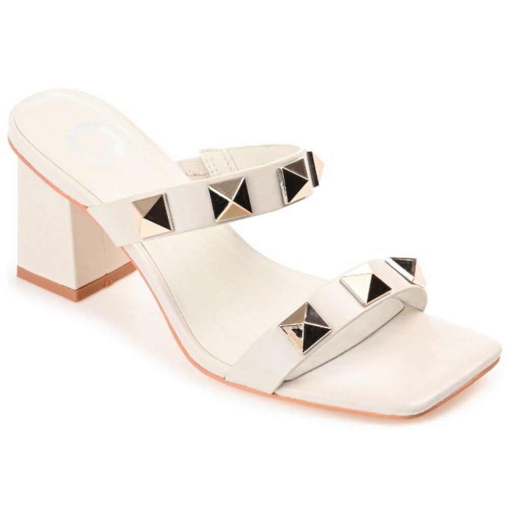 Journee Collection Cream Gold Heels with Studded Straps